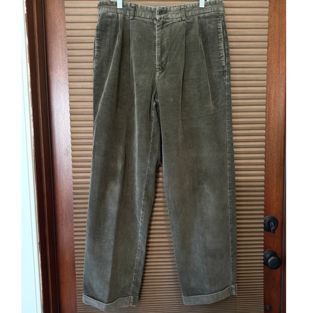 Brooks Brothers Pants Men 35x30 VTG Pleated Olive Green Wale Corduroy Cuffed EUC